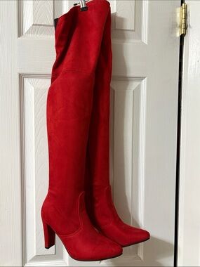 Women’s Red Over-the-Knee Suede Boots with Block Heel